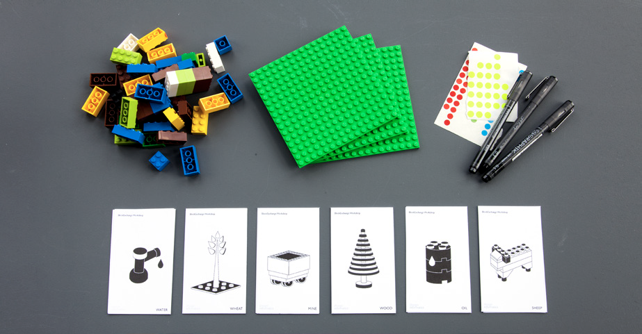 BlockExchange workshop setup with cards and lego bricks