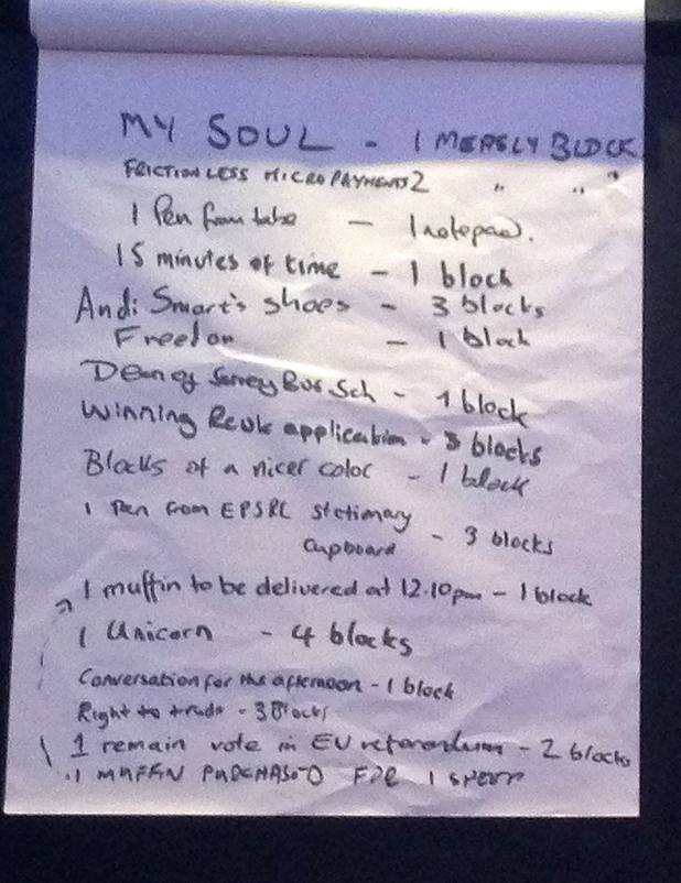 Written list of trade items during BlockExchange workshop